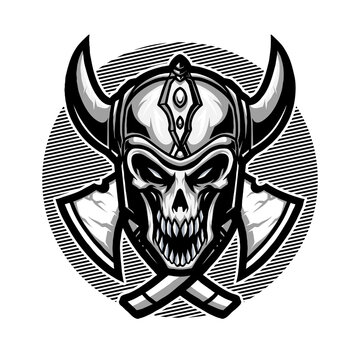 Vector illustration of Awesome Skull Head with a Smile, Viking helmet, horn, and axes on the White Background. Hand-drawn illustration for mascot sport logo poster t-shirt printing. Vector Logo