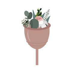 Menstrual cup concept. Menstrual cup with flowers. Reproductive system, metaphor for the renewal of the female body. Zero waste hygiene products. Nice vector flat illustration in cartoon style.