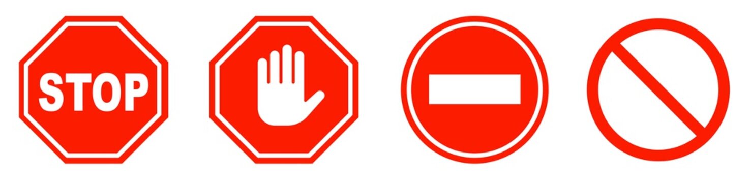 Red STOP sign.Set of prohibition sign.Stop symbol.Stop set vector sign with hand. Hand forbidden vector sign.Vector Stop hand sign.