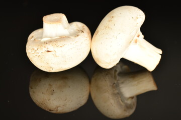 Fresh mushrooms, close-up, on a black background.