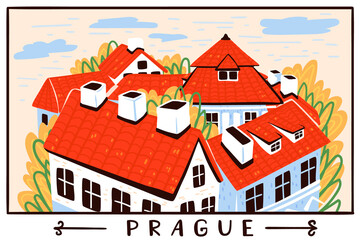 Illustration of typical old buildings in Prague. Historical part of Europe. Vector artistic cartoon illustration.
