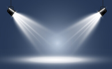 Empty stage with spotlights. Lighting devices on a transparent background.