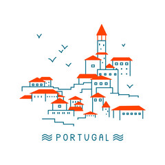 Fototapeta na wymiar Portuguese city by the ocean. Vector minimalistic illustration perfect for postcards and different souvenir prints. 