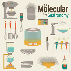 Molecular gastraonomy set of tools. Modernist cuisine in retro colors. Flat cartoon design.