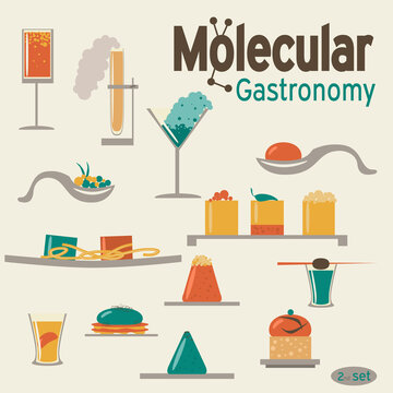 Molecular gastronomy 1st set. Vector flat design. In retro colors.