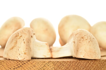 Fresh mushrooms on a wooden board, close-up, on a white background.