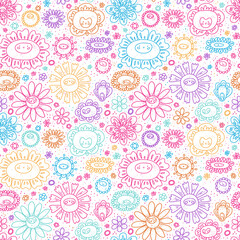 Fototapeta na wymiar Cute cartoon flowers vector seamless pattern. Baby color palette. Funny doodles ona white background.