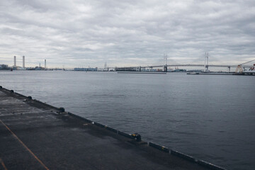 Fototapeta na wymiar View at the bridge from far away, city of Yokohama Japan.