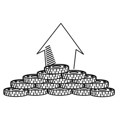 Linear slide of coins on a white background. The up arrow indicates development and profit. Illustration for business and finance. Stock image of income and monetization.