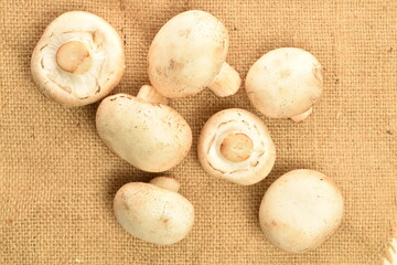 Freshly cut mushrooms, close-up, on a blackboard on jute fabric.