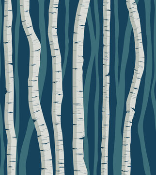 Birch trees in winter repeated vector pattern. Hand drawn silhouettes of trees.
