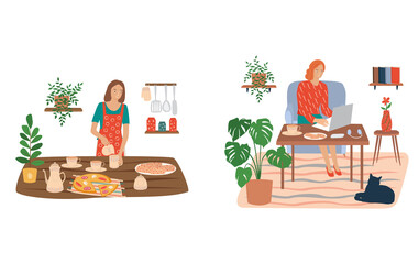 Set of people in the house who are engaged in household chores, freelance work. A woman at home makes tea, works on the computer. Flat cartoon colorful vector illustration