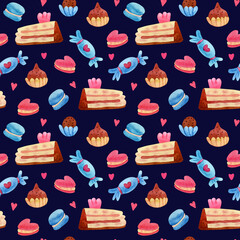 Watercolor seamless pattern with various sweets, pieces of cake, chocolate truffles,  heart shape macaroons on dark background. Great for fabrics, wrapping paper, covers and kids design.
