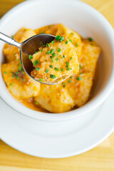 Pasta with meatballs, marinara sauce, Parmesan cheese and fresh Italian parsley. Classic American or Italian restaurant favorite. Homemade pasta with sauces, meats and cheeses.