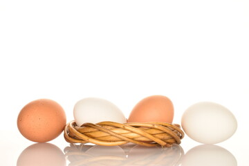 Several chicken eggs with a wreath of twigs, close-up, isolated on white.