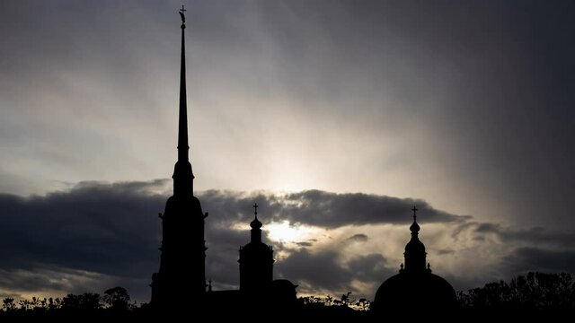 The world's Tallest Orthodox bell tower of Peter and Paul Cathedral, Time Lapse at Sunrise, Saint Petersburg Russia