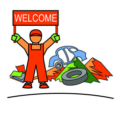 Garbage collection and disposal in landfills, processing plants. Vector scalable color drawing.