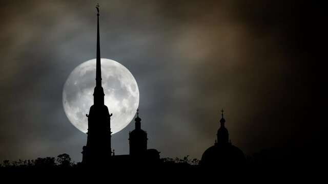 Saint Petersburg Skyline with Orthodox Cathedral,  Time Lapse by Night with Full Moon, Russia