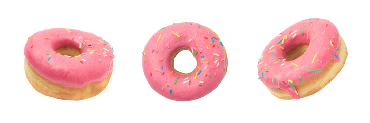 Three donuts in pink glaze with colored sprinkles on a white background, isolate