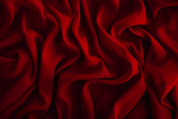 Red fabric texture. Dark abstract background for design. Close up, copy space, top view