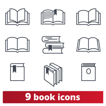 Book icons set. Linear style vector illustration related to reading, learning, library and education. Isolated on white background.