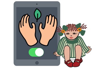 cartoon child in diaper against of computer tablet touch screen with leaf between volunteers hands and active switch button