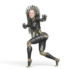 super cyborg is smiling and walking on tiptoe