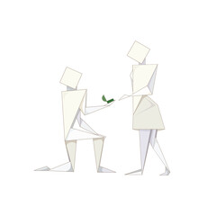 Origami man makes a proposal to his paper girlfriend on white isolated background, vector illustration for prints on clothes, booklets, postcards, note and sketchbooks or using as logos or symbols.