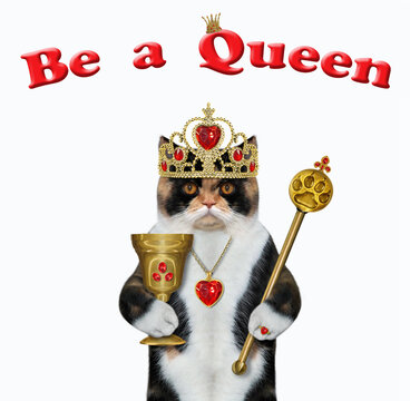 The multicolored cat in a crown with a gold heart shaped pendant is holding a goblet with rubies and a royal scepter. Be a queen. White background. Isolated.