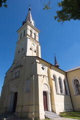 Fototapeta na wymiar Church of St. Jakub in Saczow, Poland, in Silesia, which is on the route of two pilgrimage routes of St. James to Santiago de Compostela - Camino (Jasnogorska and Via Regia)