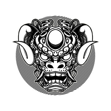 Vector illustration of Japanese Lion Robotic White-Black Head with a Samurai, and Horn on the White Background. Hand-drawn illustration for mascot esport logo poster t-shirt printing. Vector Logo