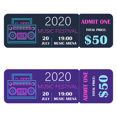 Music festival ticket. Neon Style. Vector illustration.
