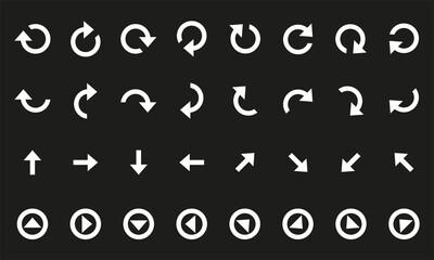 White arrow sign and symbol on black background, Set of arrows collection. Vector illustration.