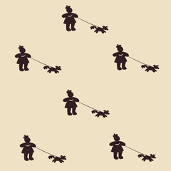 pattern on beige background from spots repeating cartoon silhouette of girl with walking dog on leash 