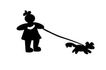 cartoon silhouette of girl with bow on head walking dog on leash