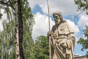 Fototapeta na wymiar Statue of Saint James next to the church of St. Jakub in Częstochowa in Poland. The place where three pilgrimage routes descend to Santiago de Compostela