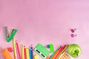 School supplies pink background for paper design.