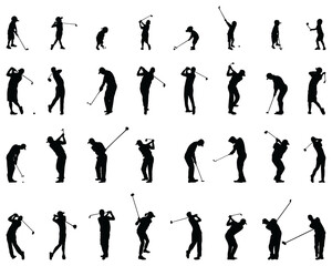 Black silhouettes of golf players on a white background