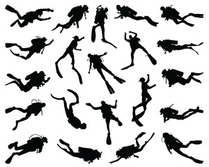 Black silhouettes of divers on a white background