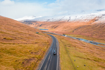 Faroe Islands aerial view with drone in daylight