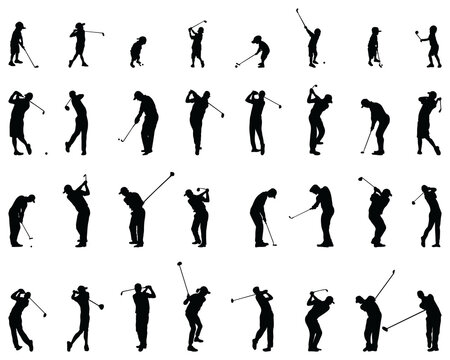 Black silhouettes of golf players on a white background
