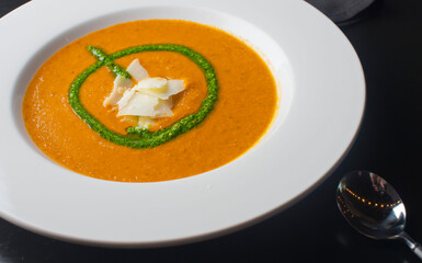 Tomato Soup. Homemade tomato soup topped with feta cheese and paired with mini grilled cheese sandwiches. Traditional classic American lunch favorite. 