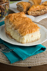 Baklava. A classic traditional rich and sweet mediterranean, Greek or Turkish, dessert pastry made of layers of filo filled with chopped nuts and sweetened and held together with syrup or honey.