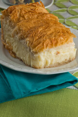 Baklava. A classic traditional rich and sweet mediterranean, Greek or Turkish, dessert pastry made of layers of filo filled with chopped nuts and sweetened and held together with syrup or honey.