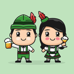 cute couple octoberfest costume. people holding beer glass. celebrating festival in holiday. vector illustration