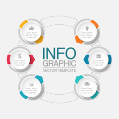 Vector infographic template, circle with 6 steps or options. Data presentation, business concept design for web, brochure, diagram.
