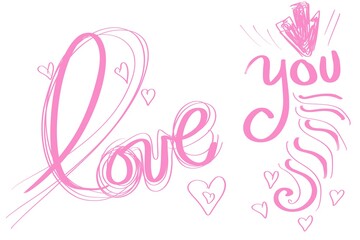 LOVE script scroll calligraphy hand drawn lettering in hippie, retro, fun, lines hand written fun words for happy lovely valentines day or any heart and warm feeling 