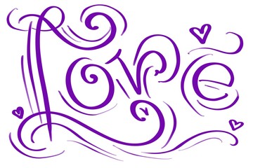 Fototapeta premium LOVE script scroll calligraphy hand drawn lettering in hippie, retro, fun, lines hand written fun words for happy lovely valentines day or any heart and warm feeling 