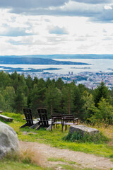 Fototapeta na wymiar Oslo city from Grefsenkollen surrounded by fjords and sea landscape