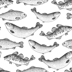Window stickers Ocean animals Fish seamless pattern. Hand drawn vector illustration. Seafood vector illustration. Food menu illustration. Hand drawn. Engraved style. Leaflet, brochure, booklet design template